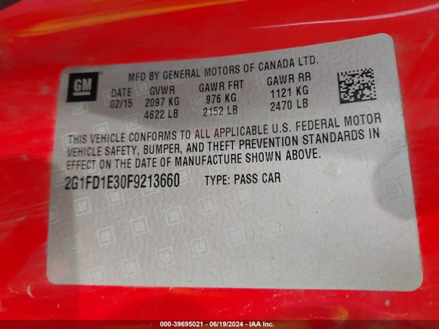 Chevrolet Camaro 1lt 2015 2G1FD1E30F9213660 Image 9