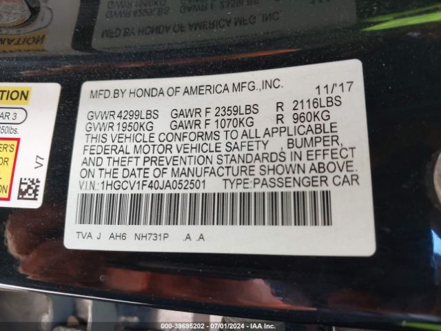 1HGCV1F40JA052501 Honda ACCORD EX
