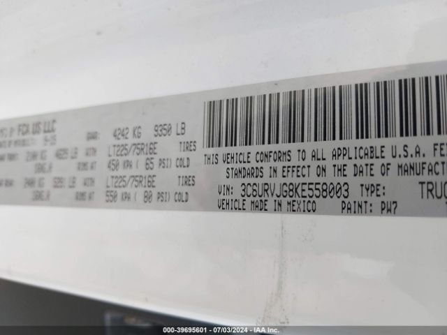 3C6URVJG8KE558003 RAM Promaster 3500 Cargo Van High Roof 159 Wb Ext