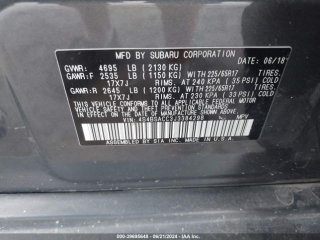 4S4BSACC3J3384298 Subaru Outback 2.5i Premium