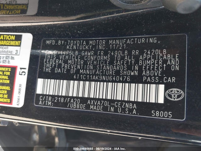 Toyota CAMRY LE 2022 4T1C11AK9NU640476 Image 9