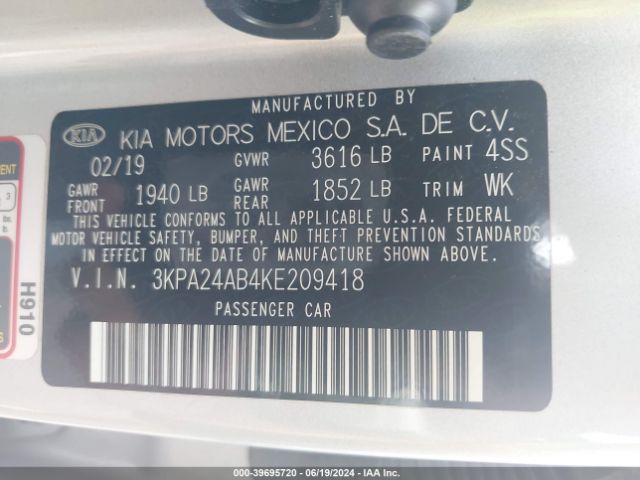 3KPA24AB4KE209418 KIA RIO S