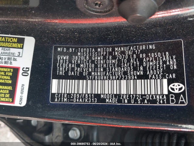 Toyota COROLLA LE 2017 5YFBURHE9HP723994 Image 9
