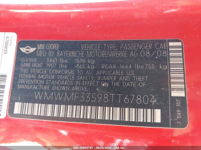 2008 MINI COOPER WMWMF33598TT67804 Photo 8