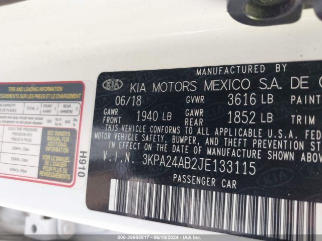 3KPA24AB2JE133115 KIA RIO S