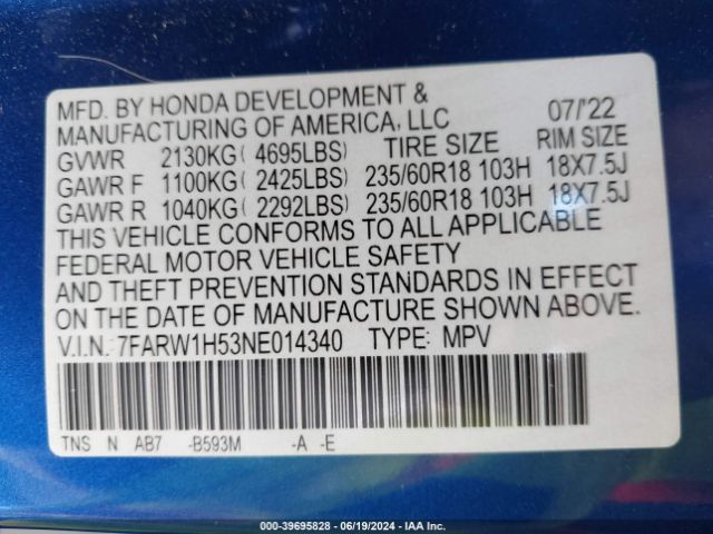 7FARW1H53NE014340 Honda Cr-v 2wd Ex