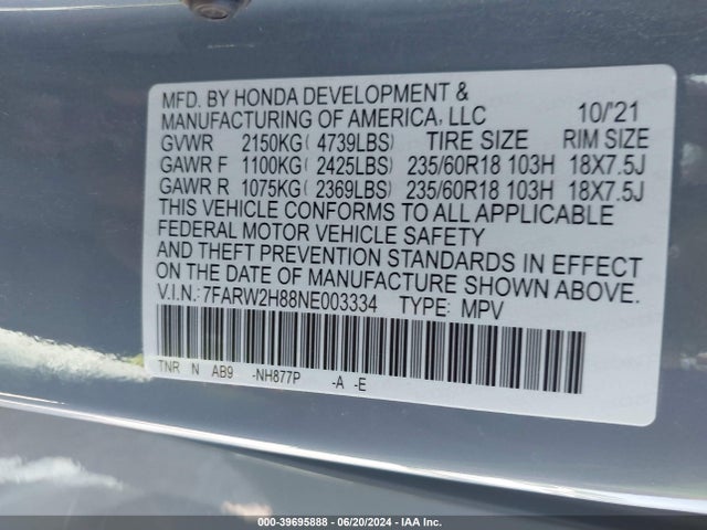 Honda Cr-v Awd Ex-l 2022 7FARW2H88NE003334 Image 9