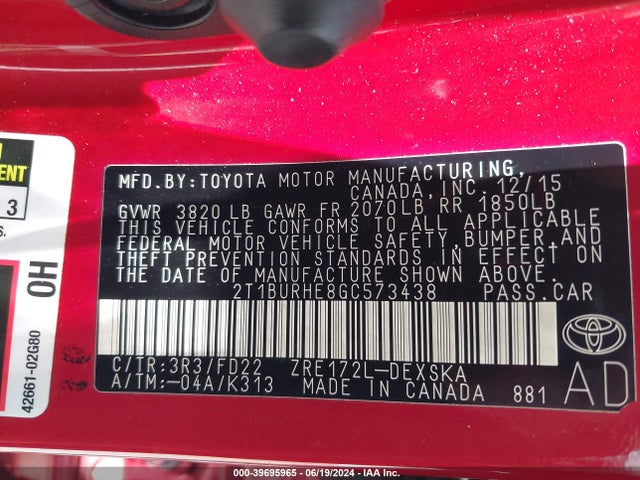 Toyota Corolla S Plus 2016 2T1BURHE8GC573438 Image 9