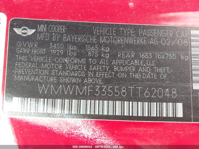 2008 MINI COOPER WMWMF33558TT62048 Photo 8