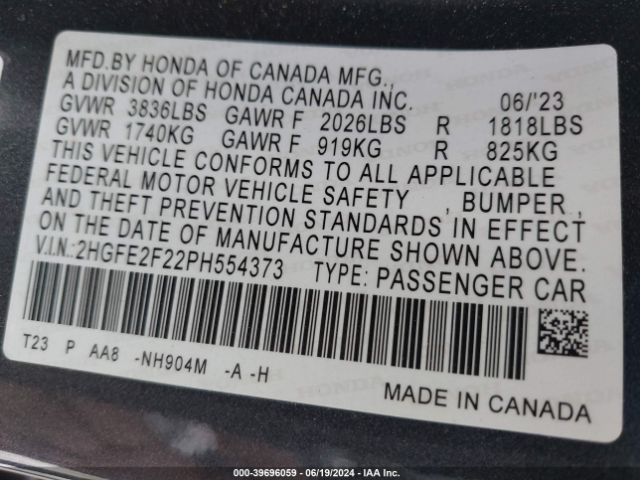 2HGFE2F22PH554373 Honda Civic Lx
