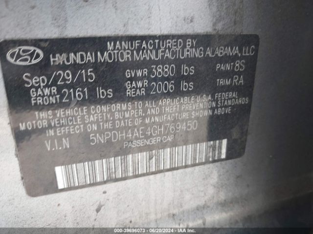 5NPDH4AE4GH769450 Hyundai ELANTRA SE