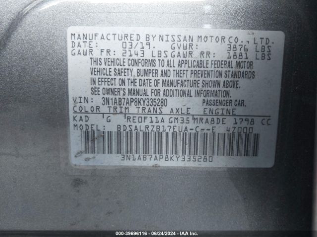 3N1AB7AP8KY335280 Nissan SENTRA SR