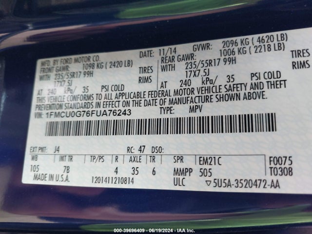 Ford ESCAPE SE 2015 1FMCU0G76FUA76243 Image 9