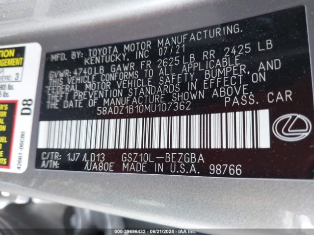 58ADZ1B10MU107362 Lexus ES 350