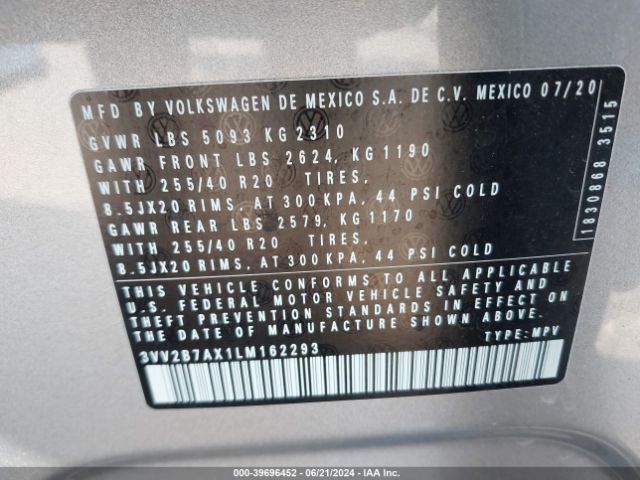 3VV2B7AX1LM162293 Volkswagen Tiguan 2.0t Se/2.0t Se R-line Black/2.0t Sel