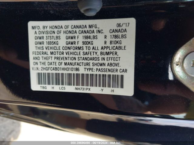 2HGFC4B01HH310186 Honda Civic Lx-p