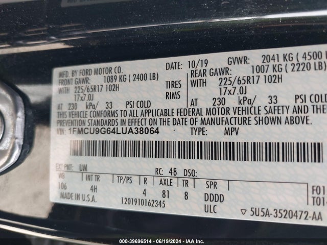Ford ESCAPE SE 2020 1FMCU9G64LUA38064 Image 9
