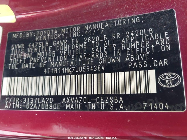 Toyota CAMRY SE 2018 4T1B11HK7JU554384 Image 9