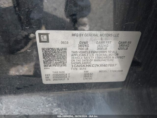 1GNSKHKC7KR407697 Chevrolet Suburban Lt