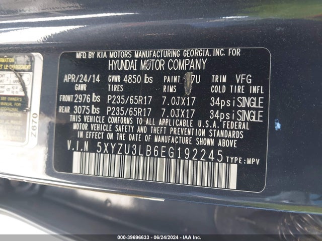 5XYZU3LB6EG192245 Hyundai Santa Fe Sport 2.4l