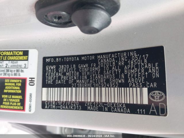 2T1BURHE1HC924952 Toyota COROLLA SE