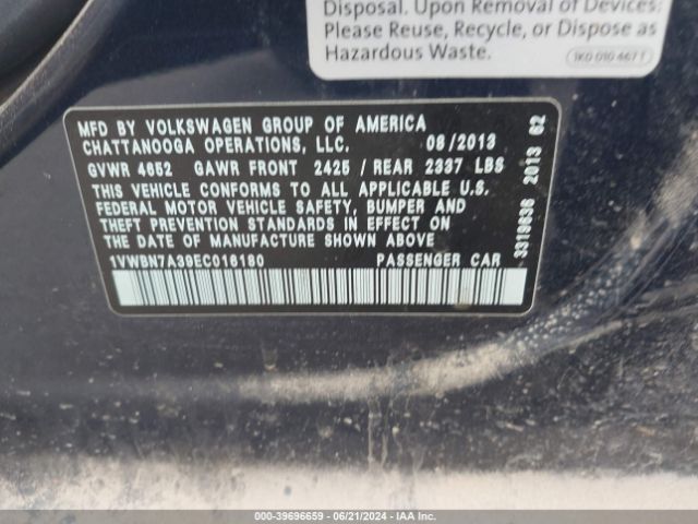 1VWBN7A39EC016180 Volkswagen Passat 2.0l Tdi Se