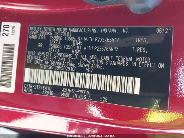 Toyota SIENNA XLE 2021 5TDYSKFC9MS029106 Image 9