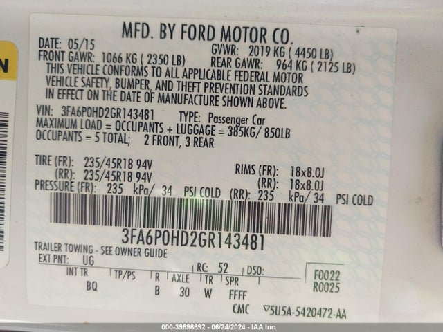 Ford FUSION SE 2016 3FA6P0HD2GR143481 Image 9
