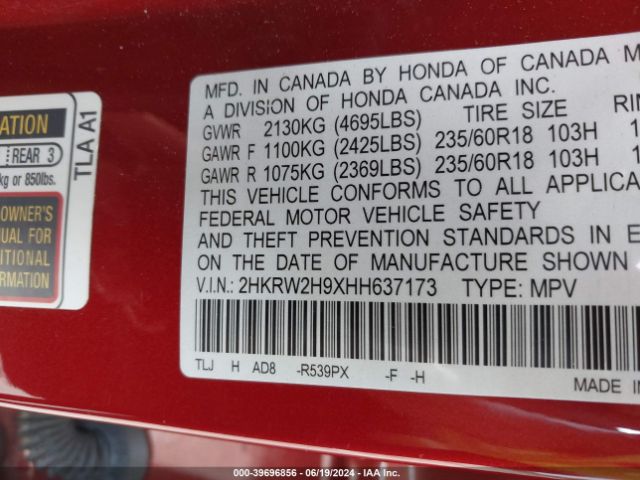 2HKRW2H9XHH637173 Honda Cr-v Touring