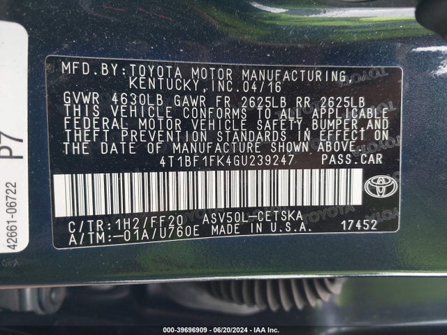 Toyota CAMRY SE 2016 4T1BF1FK4GU239247 Image 9