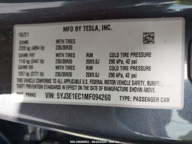 5YJ3E1EC1MF094260 Tesla Model 3 Performance Dual Motor All-wheel Drive