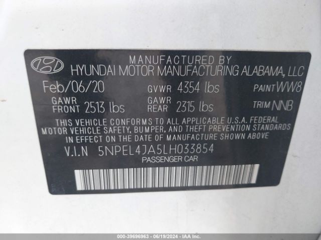 5NPEL4JA5LH033854 Hyundai SONATA SEL