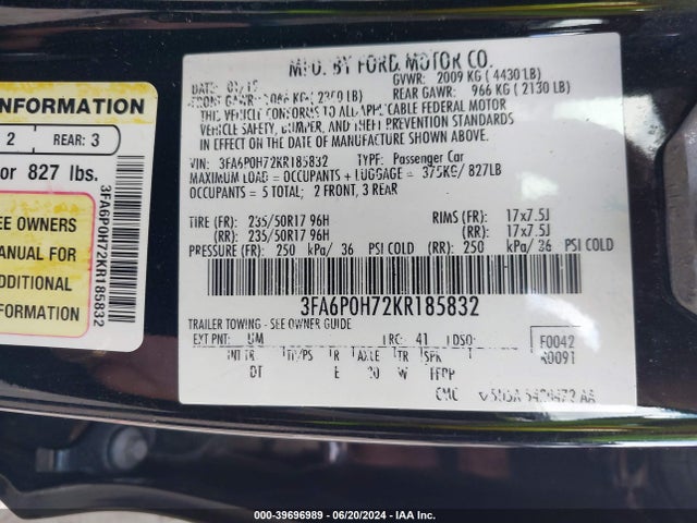 Ford FUSION SE 2019 3FA6P0H72KR185832 Image 9