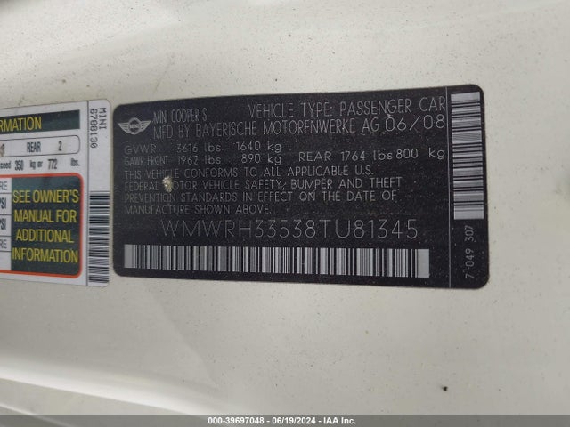 2008 MINI COOPER S WMWRH33538TU81345 Photo 8