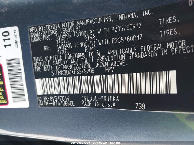 Toyota Sienna Le 8 Passenger 2015 5TDKK3DCXFS579206 Image 9