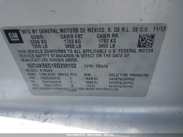 Chevrolet Silverado 1500 1lz 2014 3GCUKSEC1EG290102 Image 9