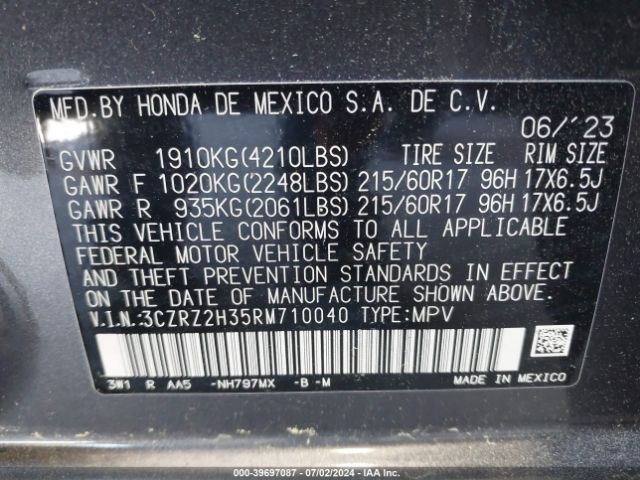 3CZRZ2H35RM710040 Honda Hr-v Awd Lx