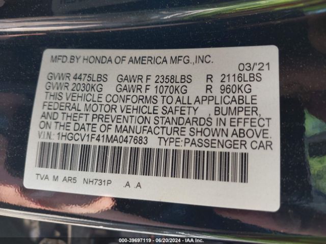 1HGCV1F41MA047683 Honda Accord Sport Special Edition