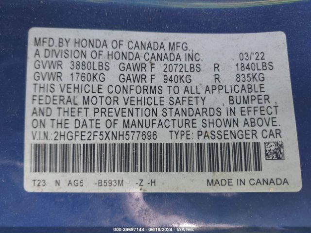 2HGFE2F5XNH577696 Honda Civic Sport