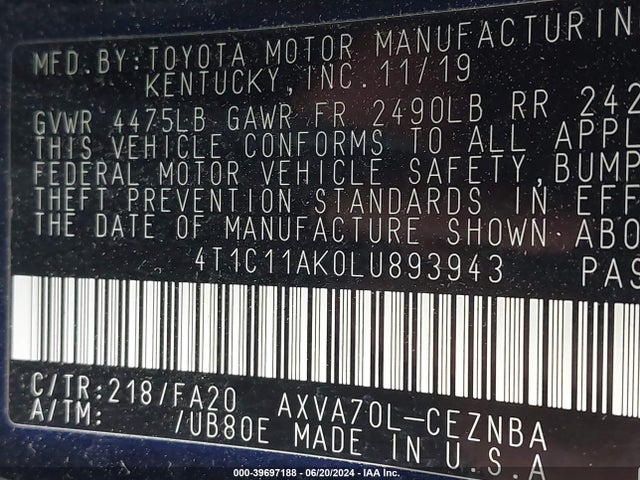 Toyota CAMRY LE 2020 4T1C11AK0LU893943 Image 9