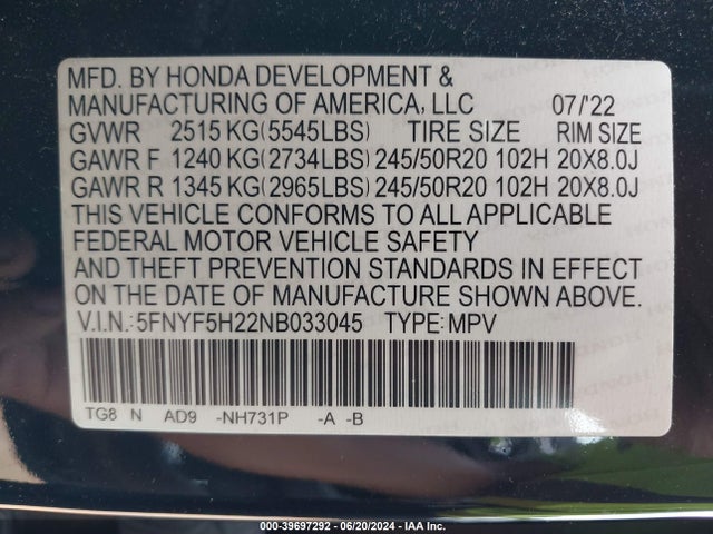 Honda Pilot 2wd Special Edition 2022 5FNYF5H22NB033045 Image 9