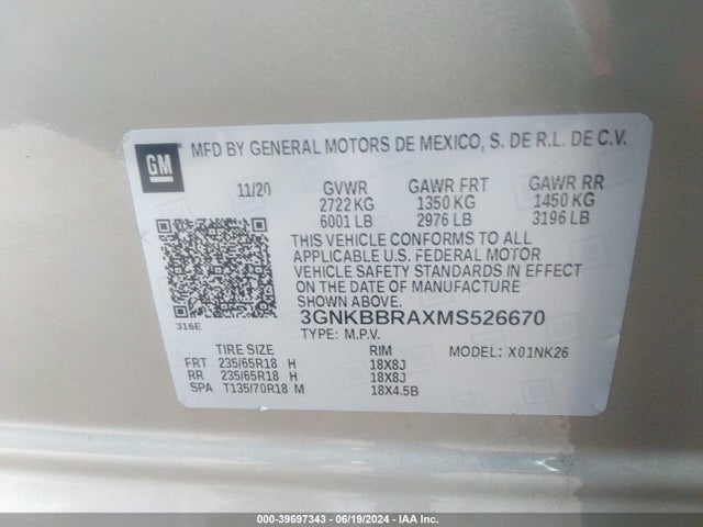 3GNKBBRAXMS526670 Chevrolet Blazer Fwd 1lt