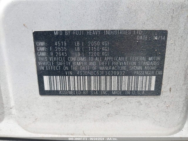 Subaru Legacy 2.5i Premium 2015 4S3BNBC63F3030932 Image 9