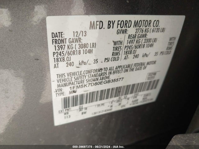 Ford EXPLORER XLT 2014 1FM5K7D80EGB35577 Image 9