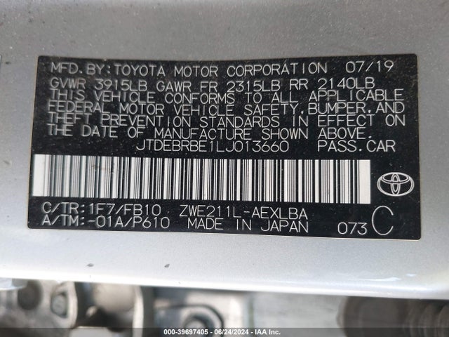 Toyota Corolla Hybrid Le 2020 JTDEBRBE1LJ013660 Image 9