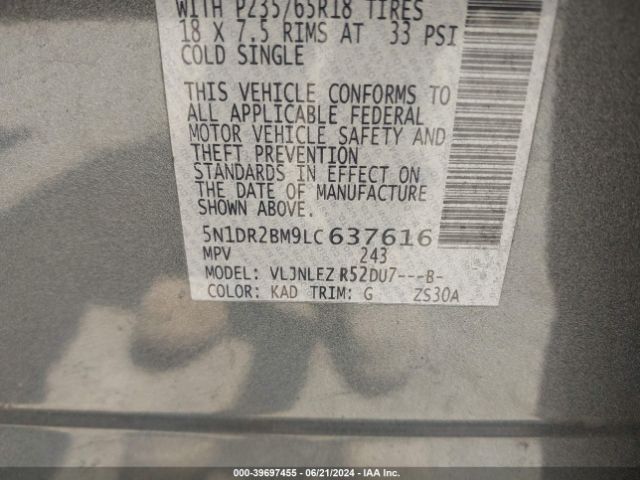 5N1DR2BM9LC637616 Nissan Pathfinder Sv 4wd