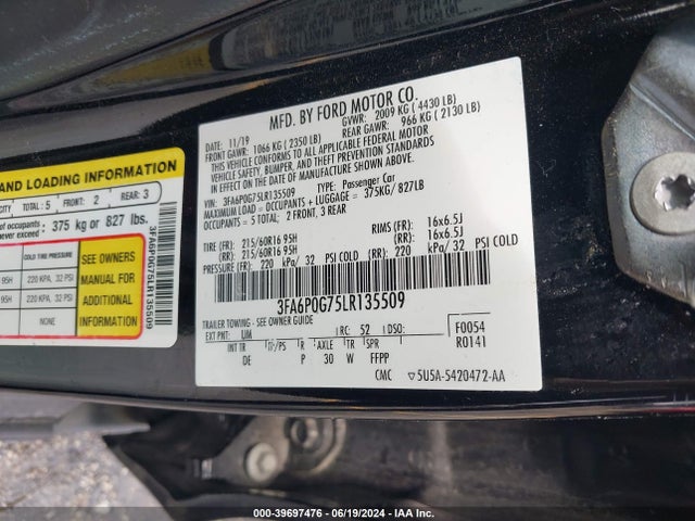 Ford FUSION S 2020 3FA6P0G75LR135509 Image 9