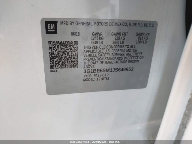 3G1BE6SM1JS649953 Chevrolet Cruze Lt Auto