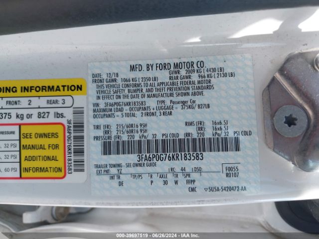 3FA6P0G76KR183583 Ford FUSION S