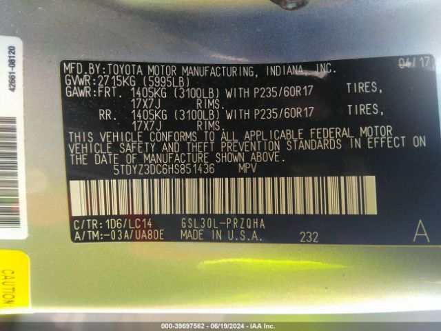5TDYZ3DC6HS851436 Toyota Sienna Xle Premium 8 Passenger